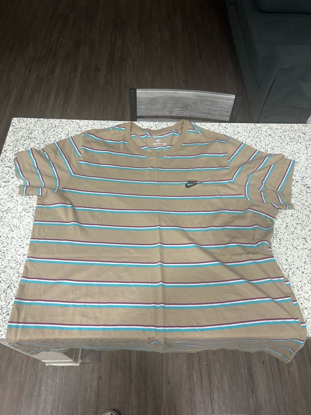Nike Tan Striped Tee with Teal & Purple Accents